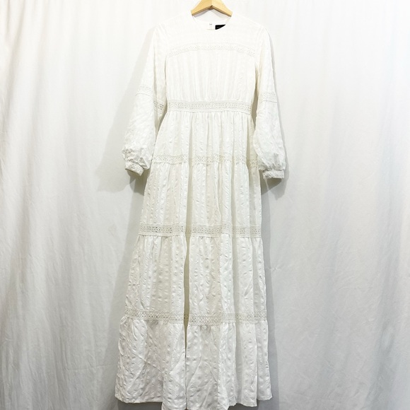 Annah Hariri Boho Modest Lace Tiered Long Sleeve Maxi Dress in White - Picture 2 of 9